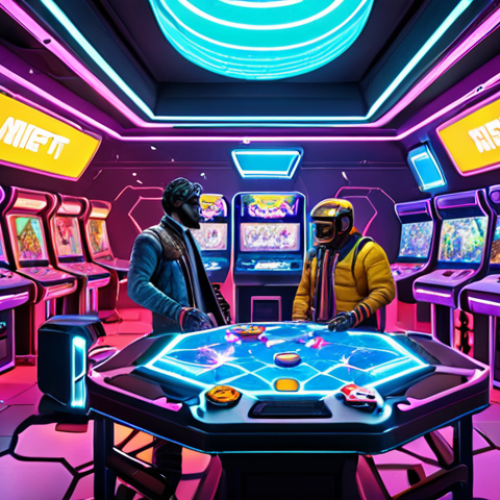 Home 4 **
"Digital art piece showcasing the revolution of virtual ownership in gaming with NFT integration. A vibrant scene with game characters interacting with tradeable items in a Metaverse setting."
**